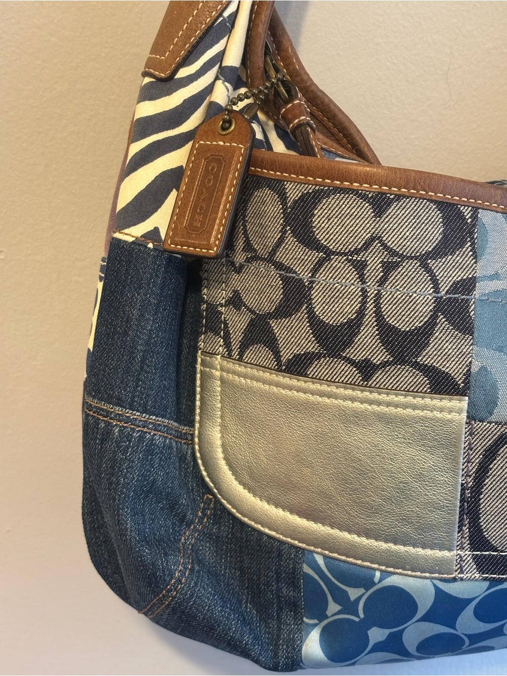 Coach Y2K Blue Denim Patchwork Ergo Slouchy Whimsical Shoulder Hobo Bag XLarge - Picture 14 of 15